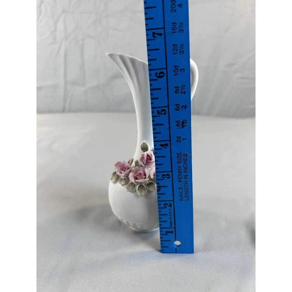 Vintage Porcelain Pitcher Vase Pink‎ Roses Floral Ewer White Ceramic 7